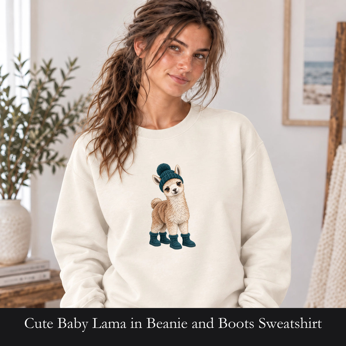 Cute Baby Lama in Beanie and Boots Sweatshirt | Cozy Dog Graphic