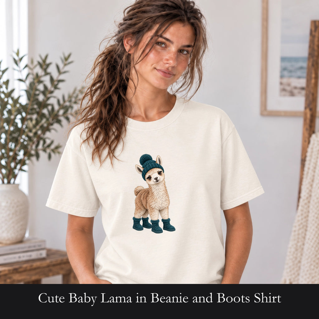 Cute Baby Lama in Beanie and Boots Shirt | Cozy Dog Graphic