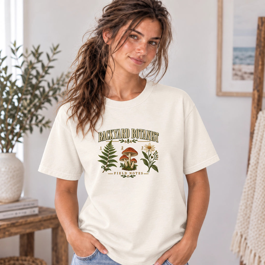 Backyard Botanist Field Notes Mushroom and Wildflower Shirt | Faux Embroidery