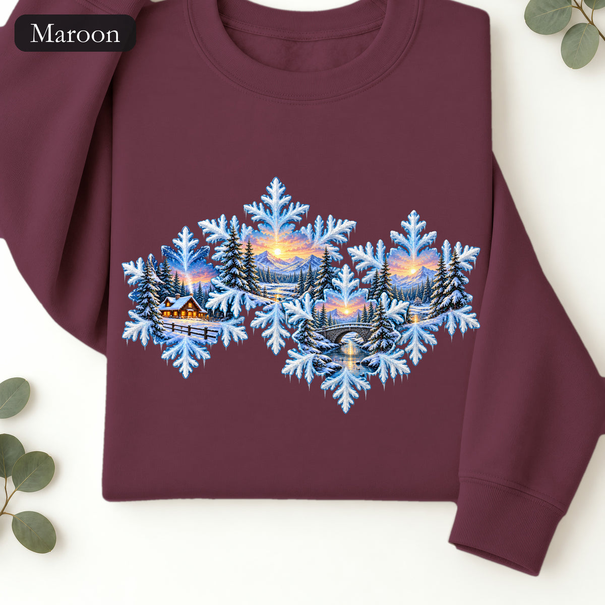 Snowflake Scenic Sunset Crewneck Sweatshirt | Winter Lake Landscape