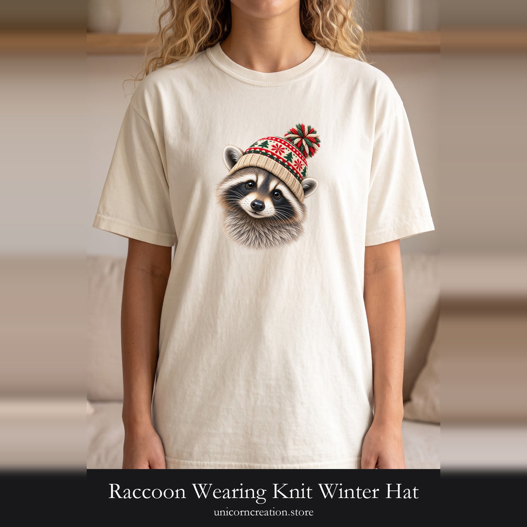Raccoon Wearing Knit Winter Hat Shirt | Cute Woodland Animal Holiday