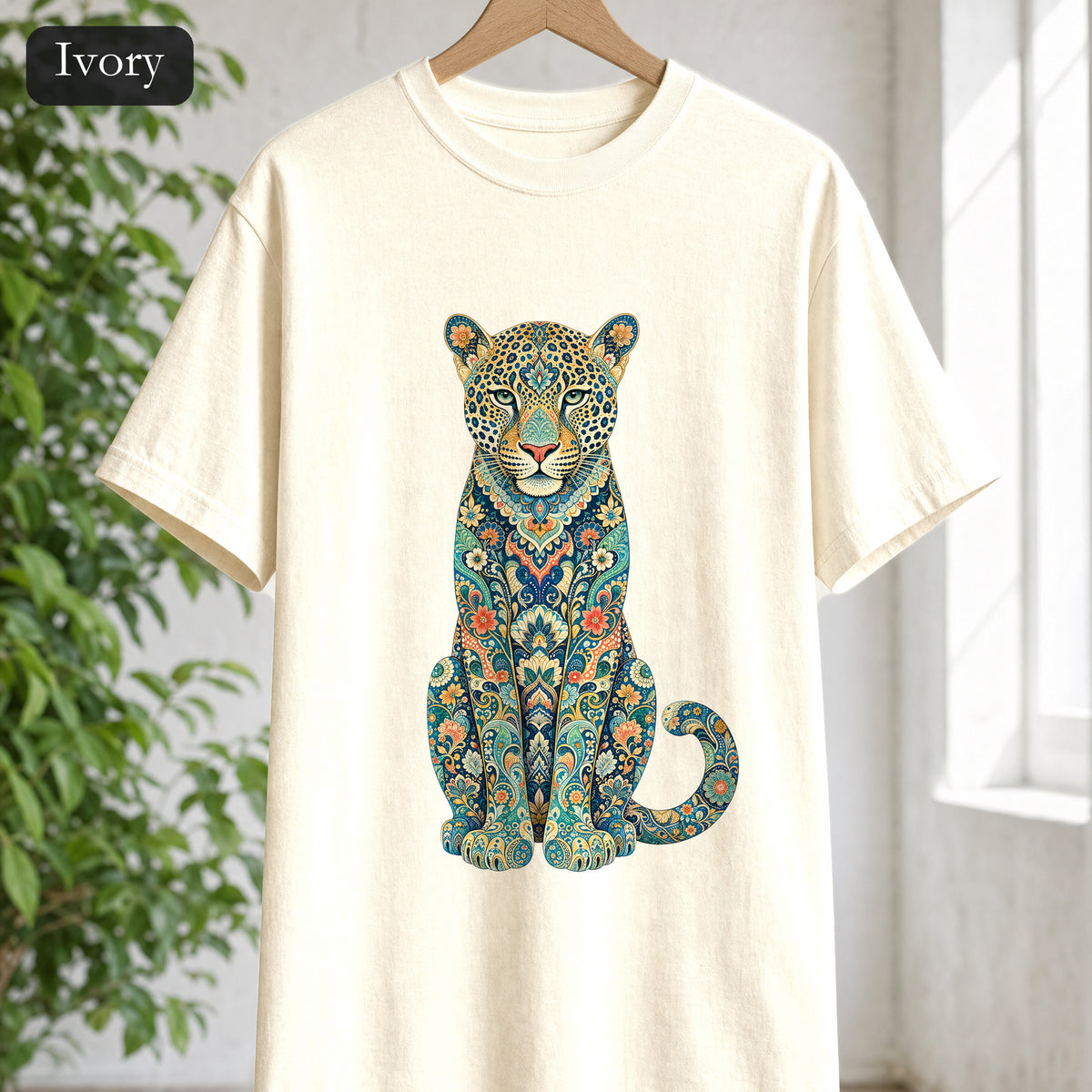 Boho Leopard Shirt, Folk Art Leopard Tee, Japanese Pattern Big Cat Lover Gift, Vintage Floral Leopard Sweatshirt