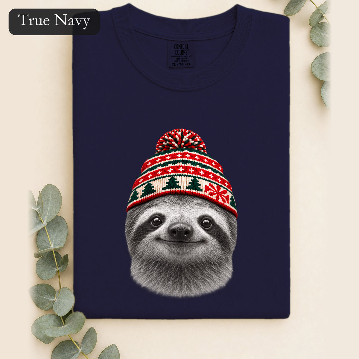 Sloth Wearing Christmas Knit Beanie | Cozy Winter Animal Tee