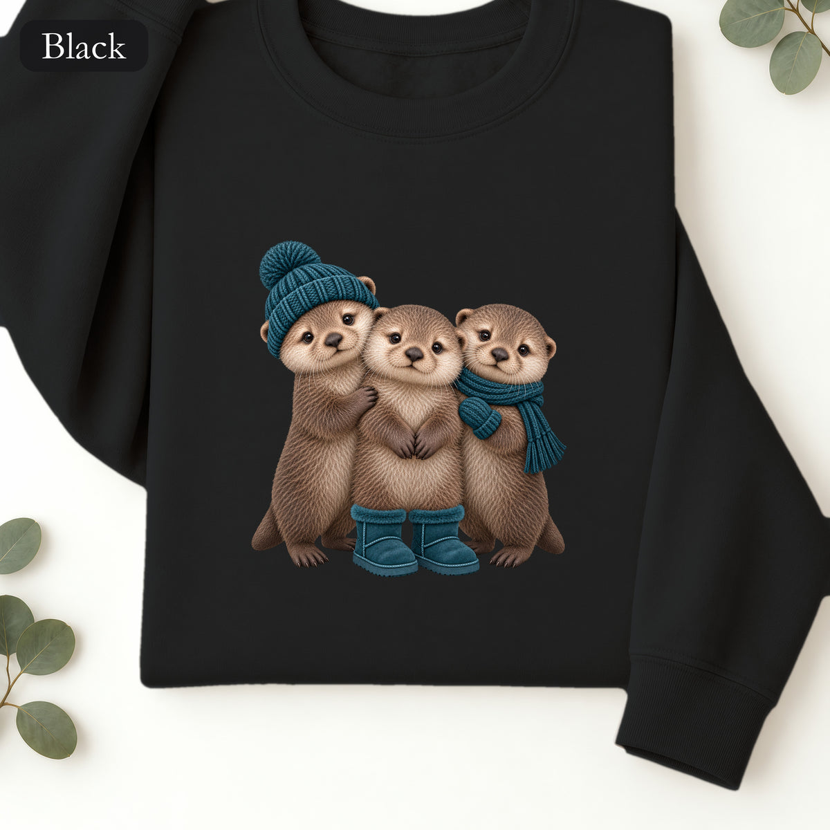 Three Otters Wearing Winter Hats Boots sweatshirt | Cute Otter Trio Design