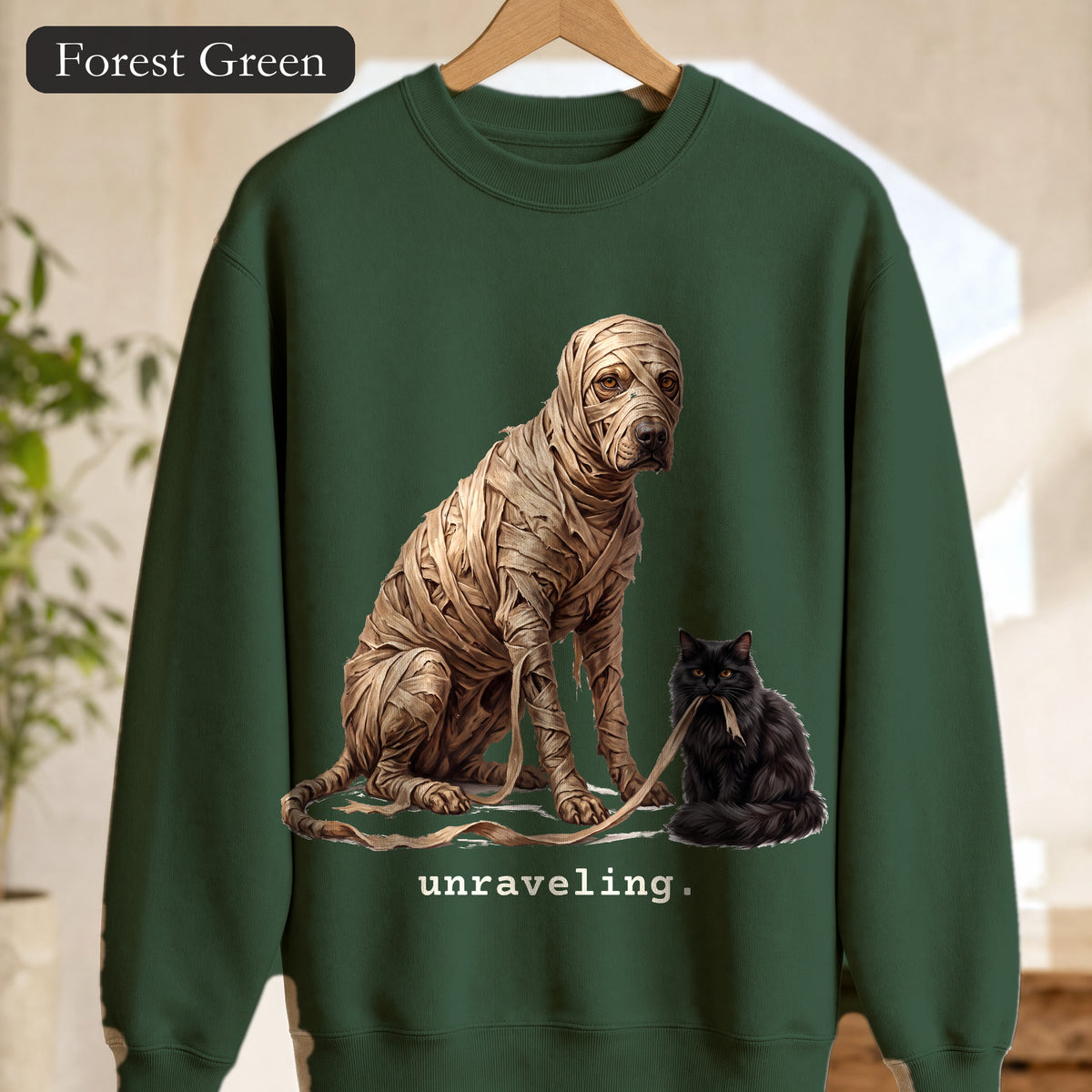 Unraveling Mummy & Cat Sweatshirt, Funny Halloween Mummy Crewneck, Cozy Deadpan Spooky Sweatshirt, Black Cat Lover Gift