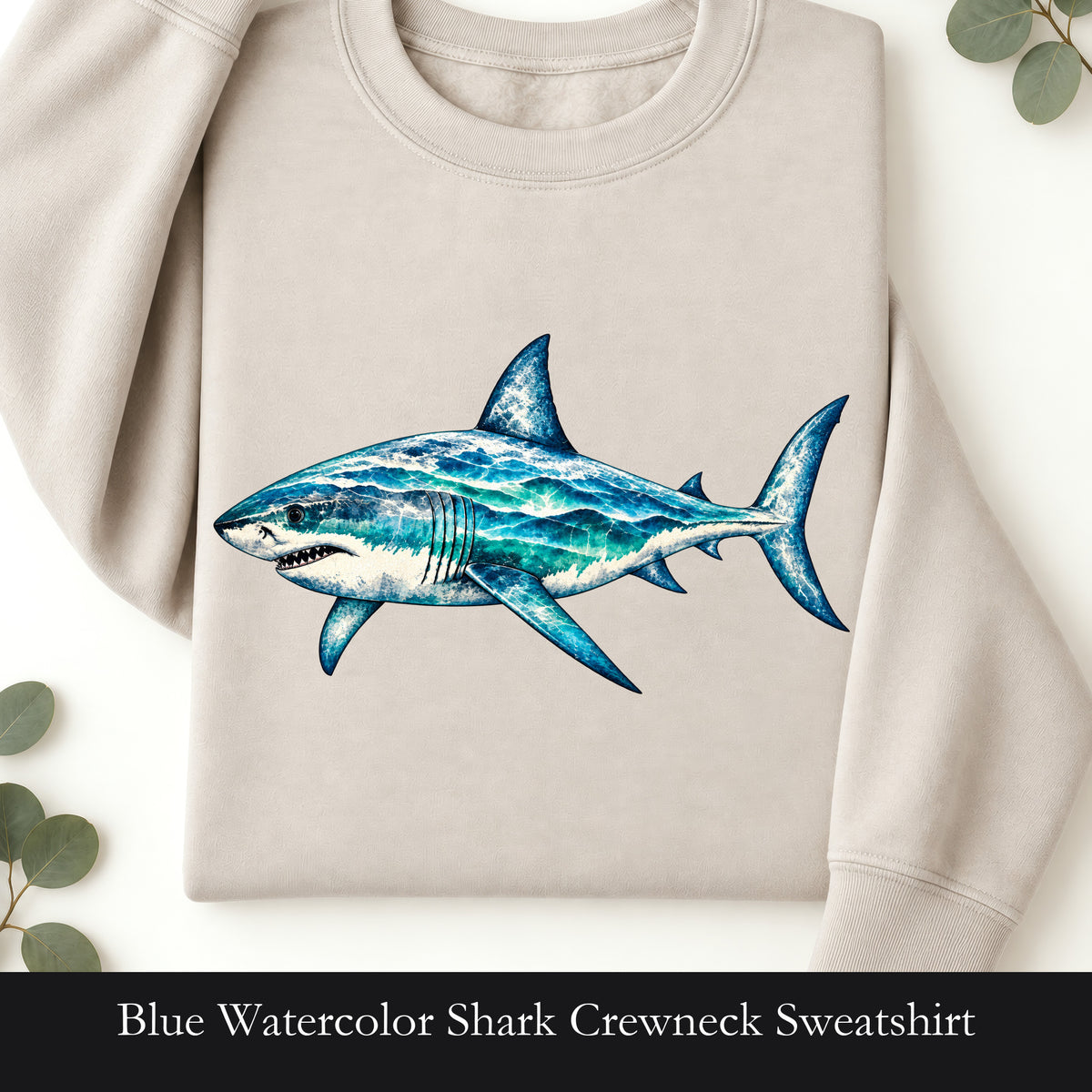 Blue Watercolor Shark Crewneck Sweatshirt | Ocean Fish Illustration