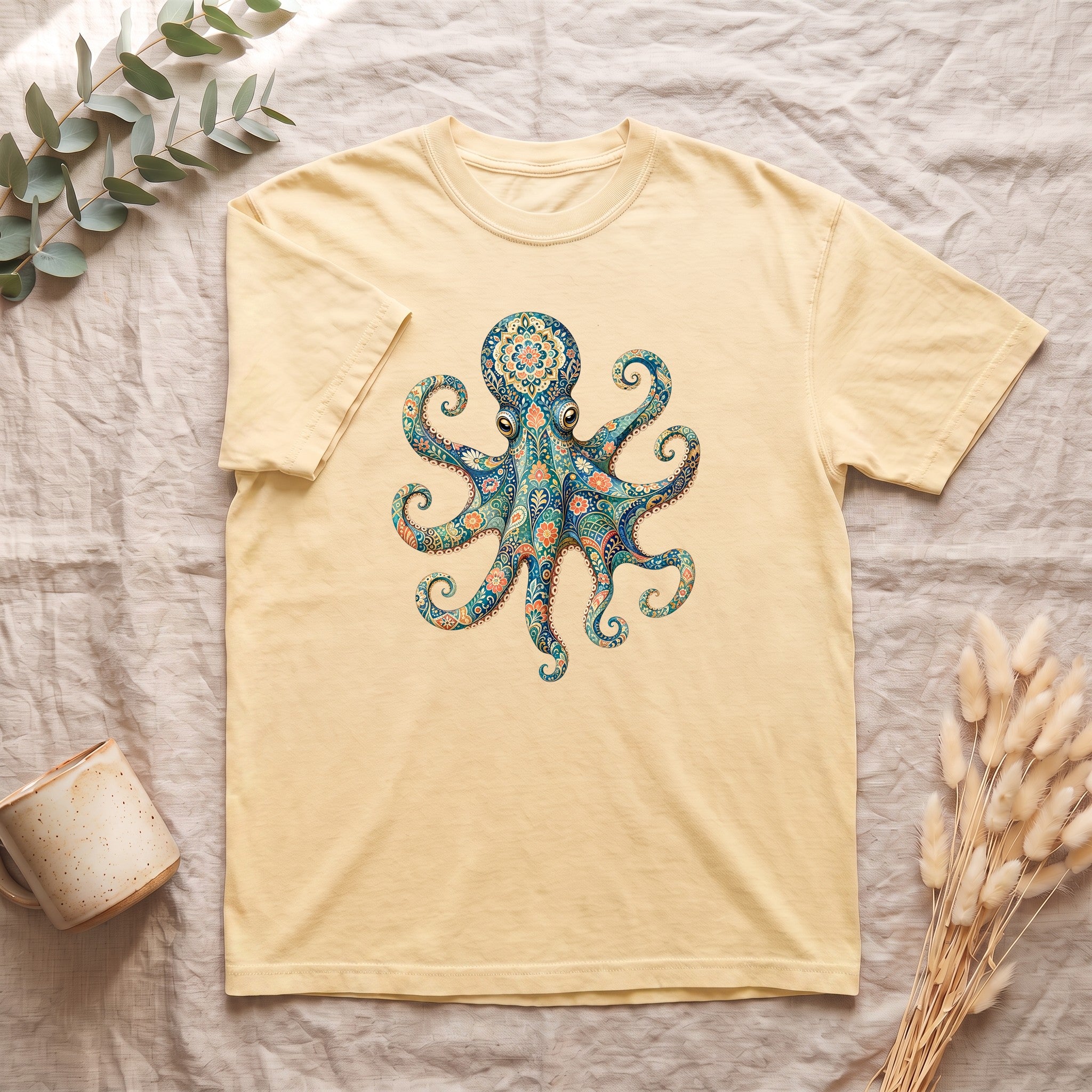 Boho Octopus Shirt, Folk Art Octopus Tee, Japanese Pattern Ocean Lover Gift, Vintage Floral Octopus Sweatshirt