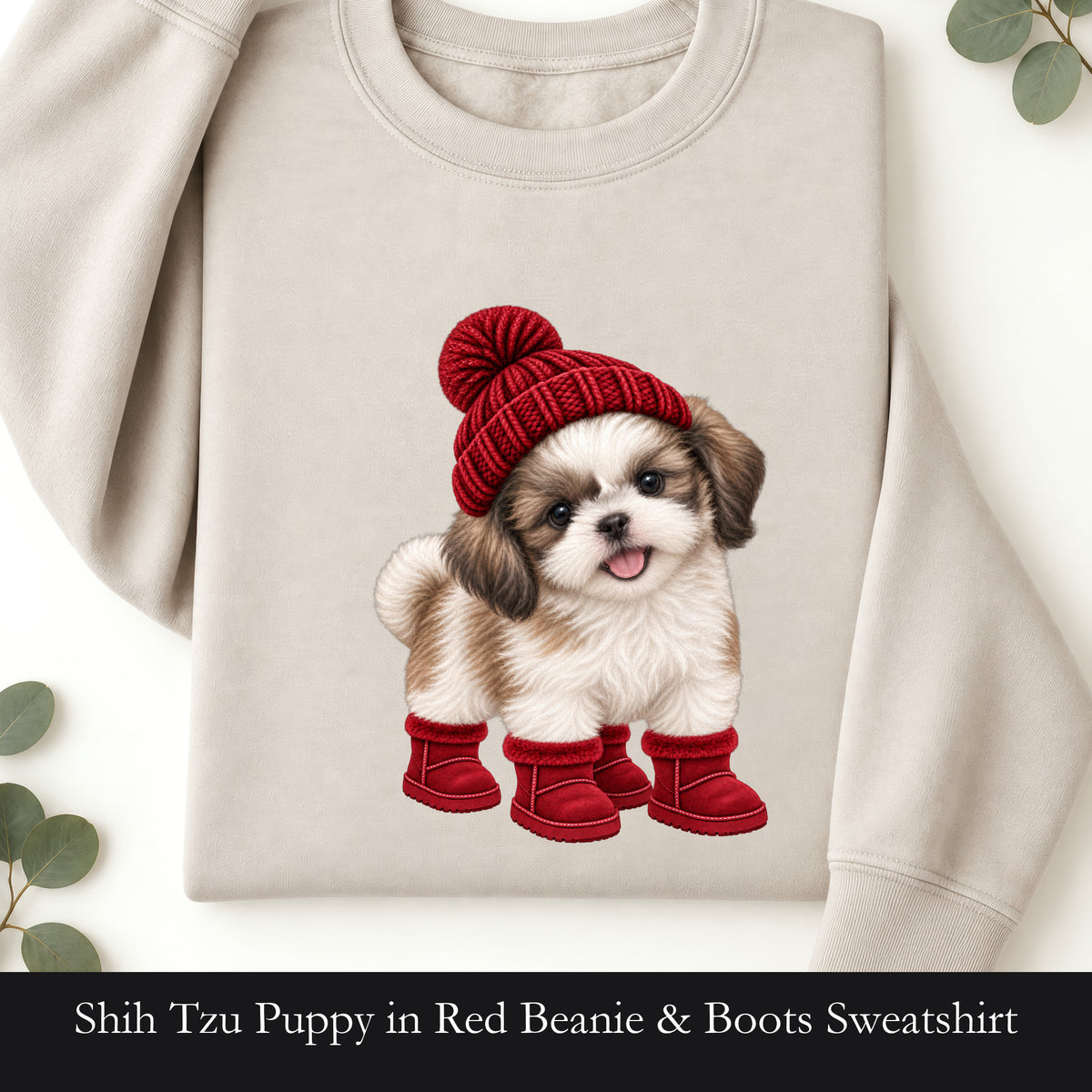Shih Tzu Puppy in Red Beanie & Boots Sweatshirt | Cute Dog Crewneck