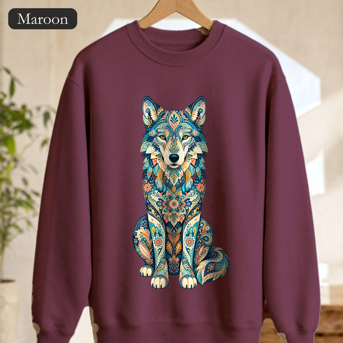 Boho Wolf Shirt, Folk Art Wolf Tee, Japanese Pattern Wolf Lover Gift, Vintage Floral Wolf Sweatshirt