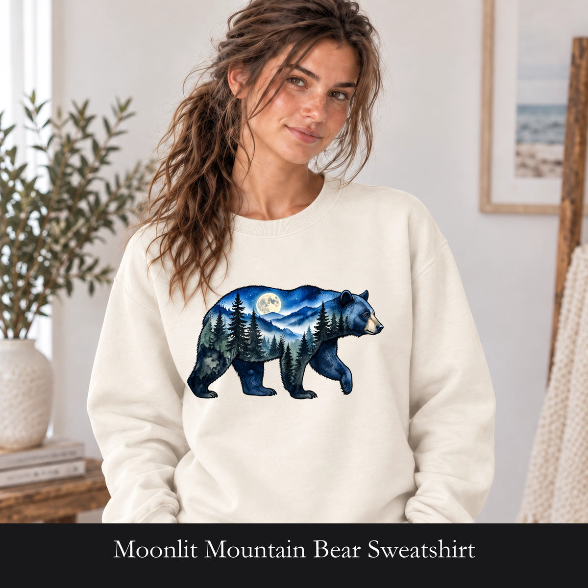 Moonlit Mountain Bear Sweatshirt | Forest Night Wildlife Crewneck