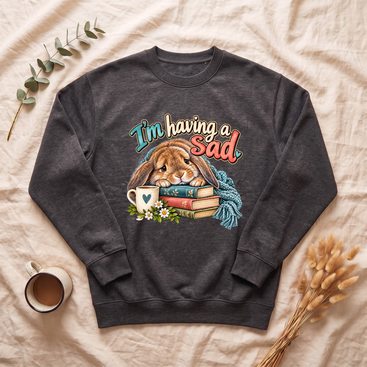 I'm Having a Sad Bunny illustration Crewneck Sweatshirt | sad rabbit, books, cozy mug