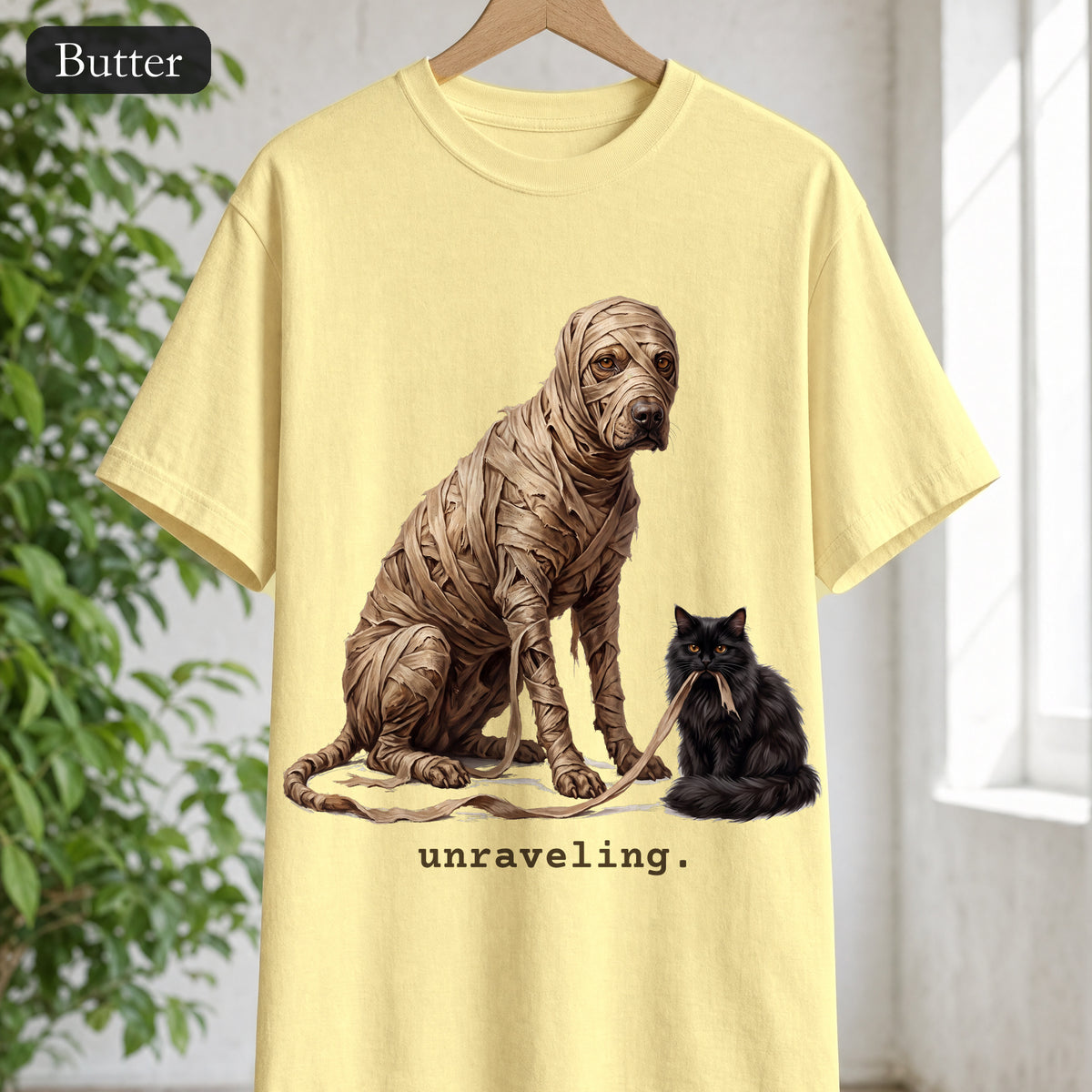 Unraveling Mummy & Cat Shirt, Funny Halloween Mummy Tee, Cozy Deadpan Spooky Tee, Black Cat Lover Gift