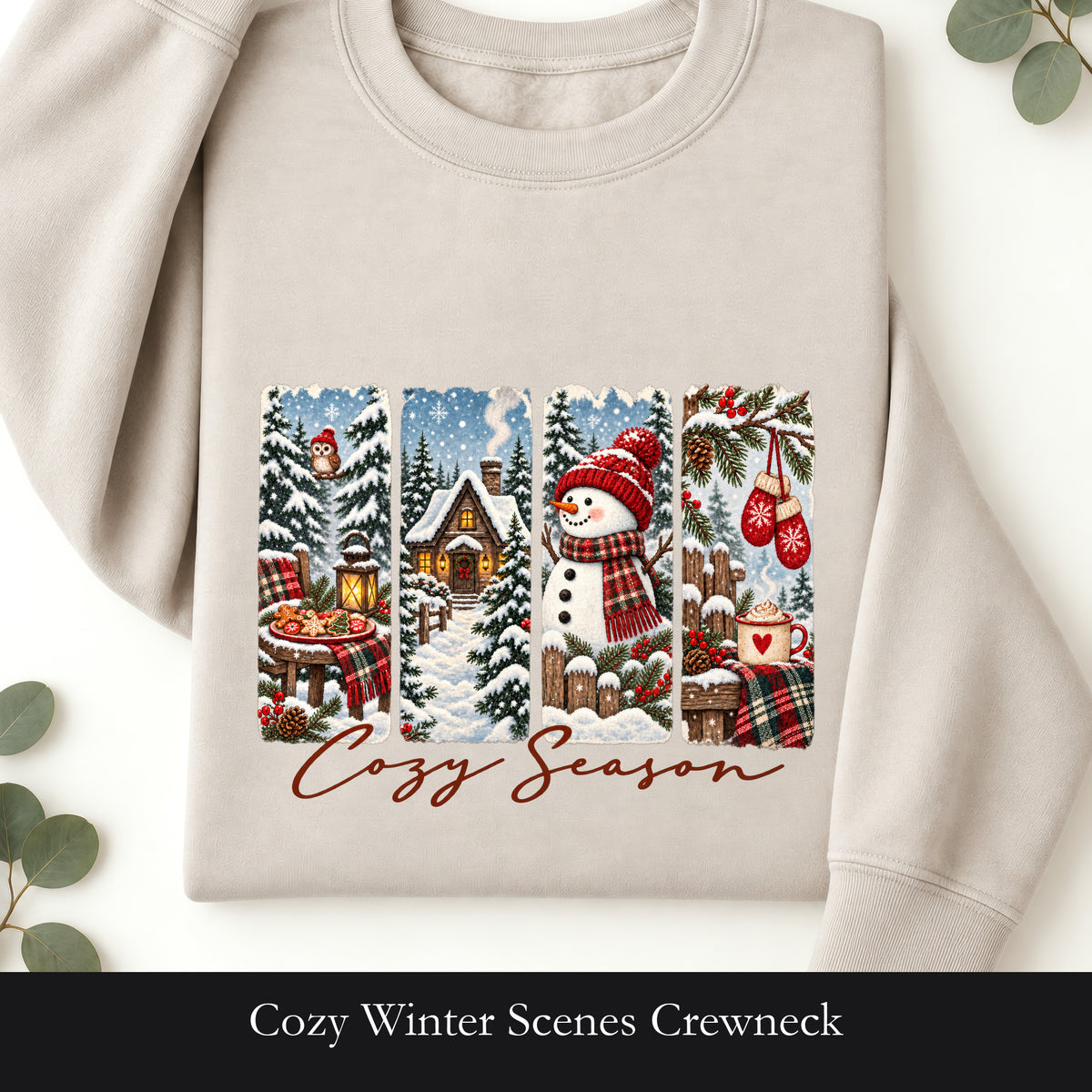 Cozy Winter Scenes Crewneck | Snowman Cabin Holiday Sweatshirt