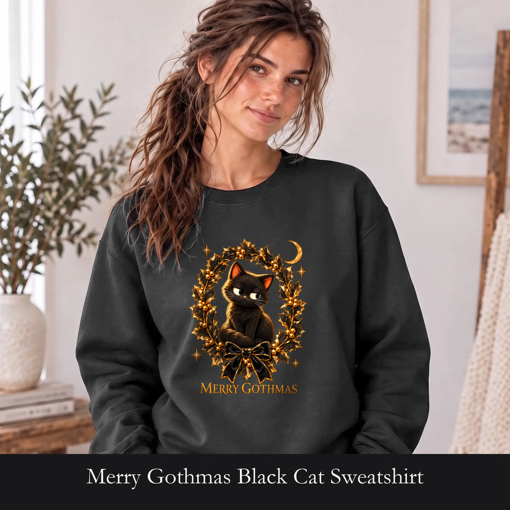 Merry Gothmas Black Cat Sweatshirt | Gothic Christmas Holly Wreath and Crescent Moon, Spooky Cat Lover Holiday Gift