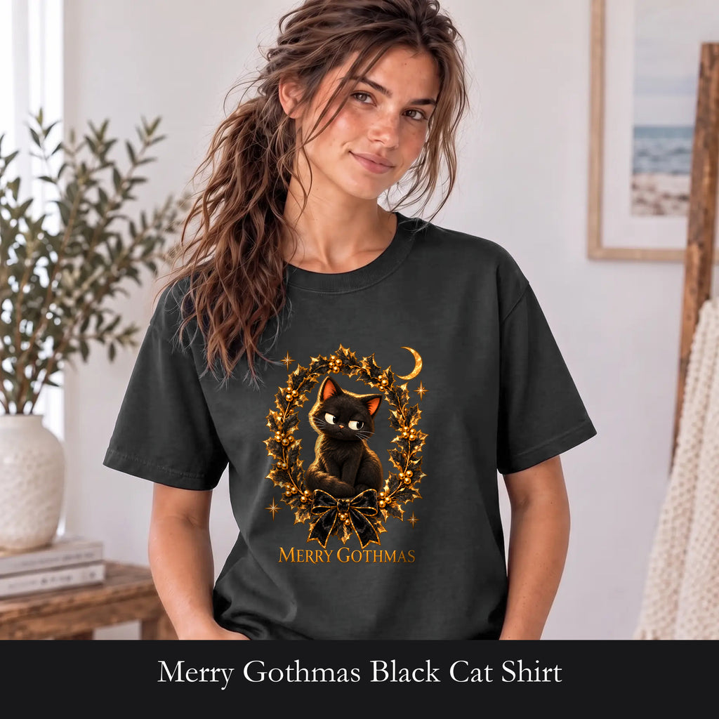 Merry Gothmas Black Cat Shirt | Gothic Christmas Holly Wreath and Crescent Moon Tee, Spooky Cat Lover Holiday Gift
