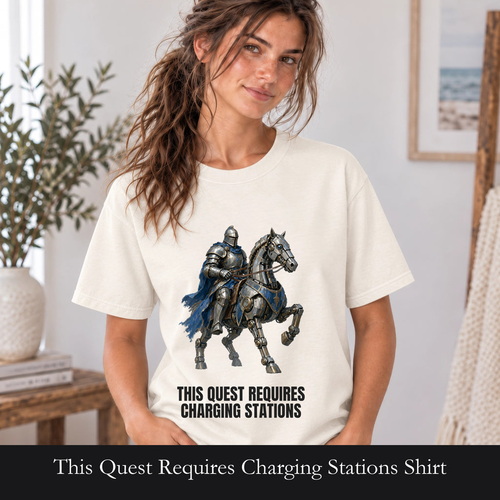 This Quest Requires Charging Stations Shirt, Knight Robot Horse Tee, Funny Gamer Tech Gift, Sci-Fi Fantasy Sweatshirt