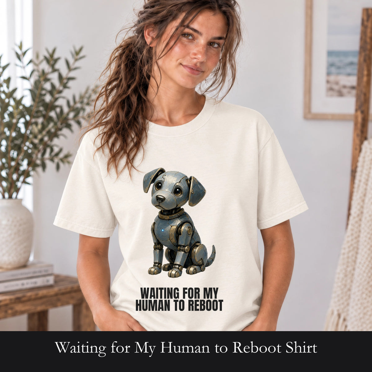 Waiting for My Human to Reboot Shirt, Funny Robot Dog Tee, Tech Programmer Gift, Sci-Fi AI Humor Sweatshirt