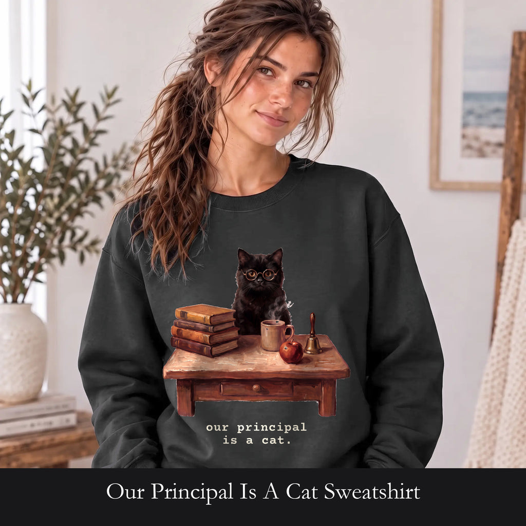 Our Principal Is A Cat Sweatshirt, Funny Homeschool Mom Crewneck, Homeschool Family Cat Sweatshirt, Homeschool Gift