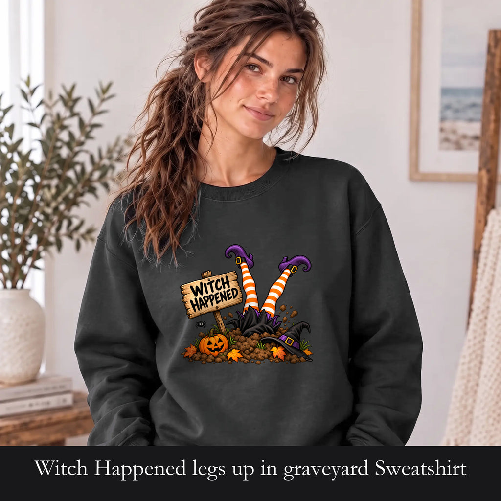 Witch Happened legs up in graveyard Sweatshirt | Halloween witch pumpkin witch design