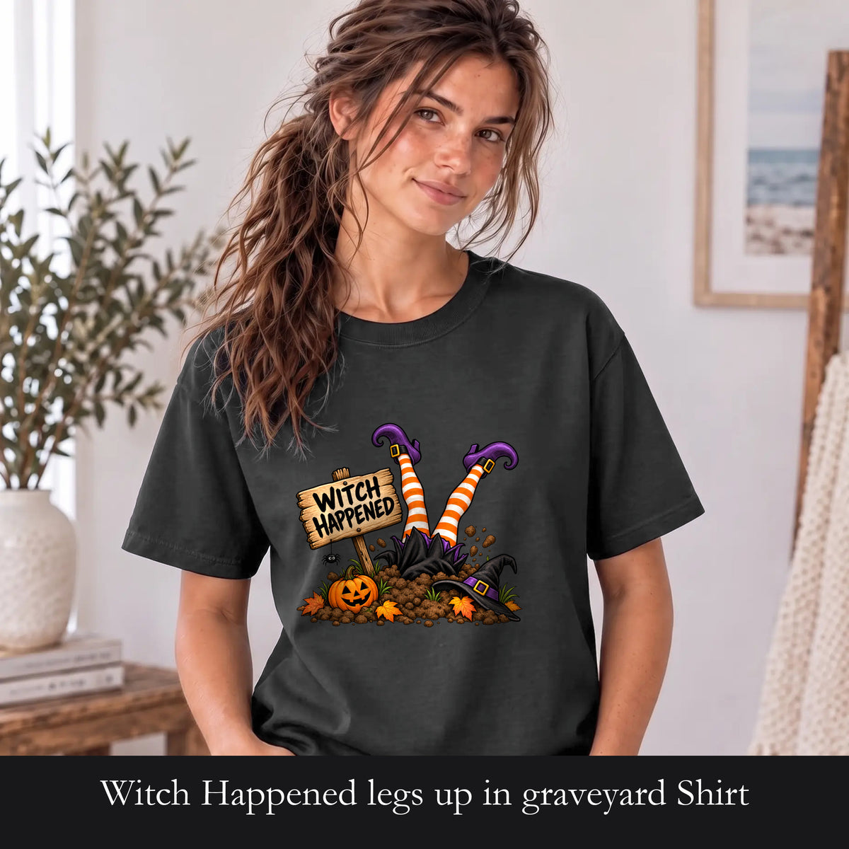 Witch Happened legs up in graveyard Shirt | Halloween witch pumpkin witch design