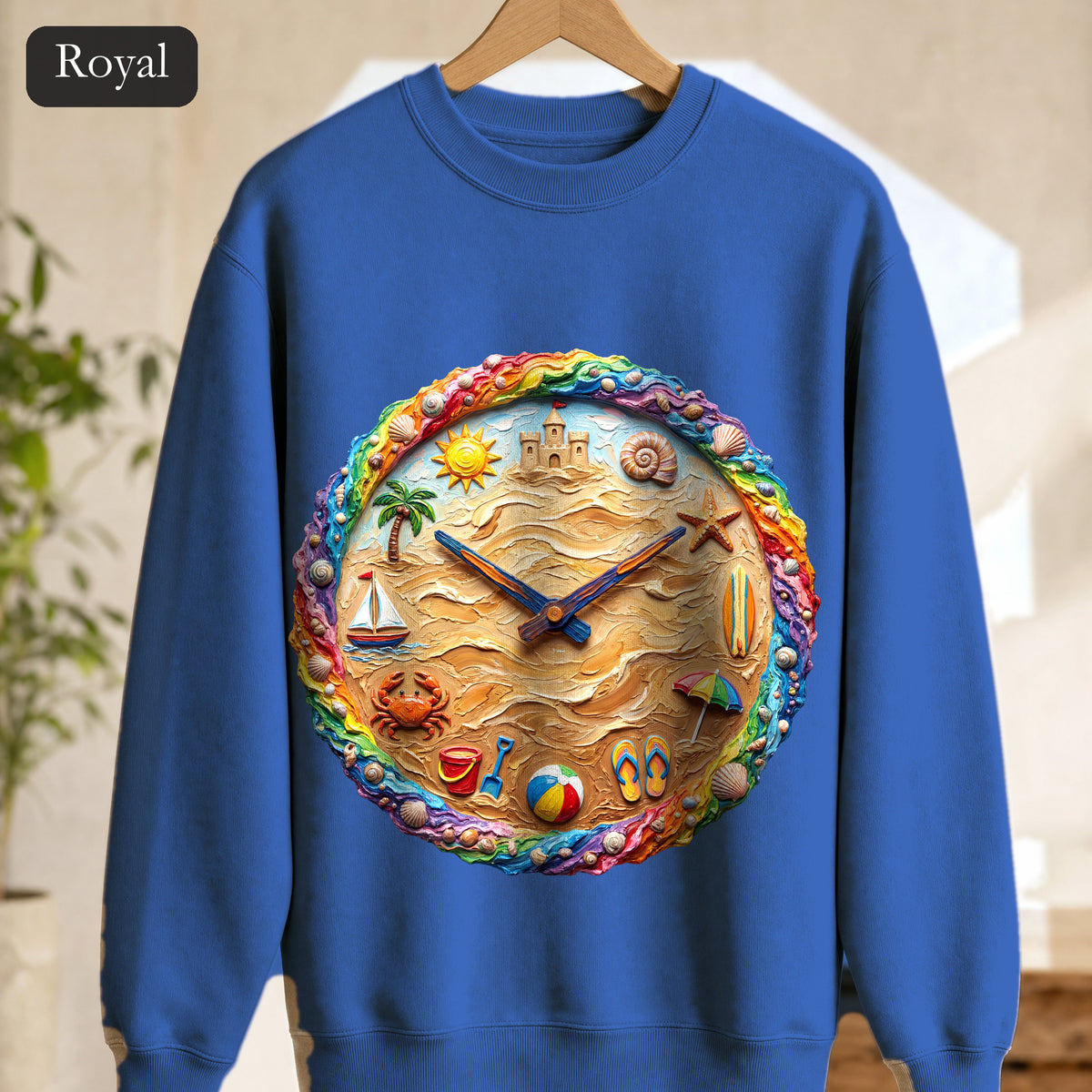 Beach Clock Shirt, Dreamy Coastal Art Tee, Surreal Beach Lover Gift, Summer Ocean Sweatshirt