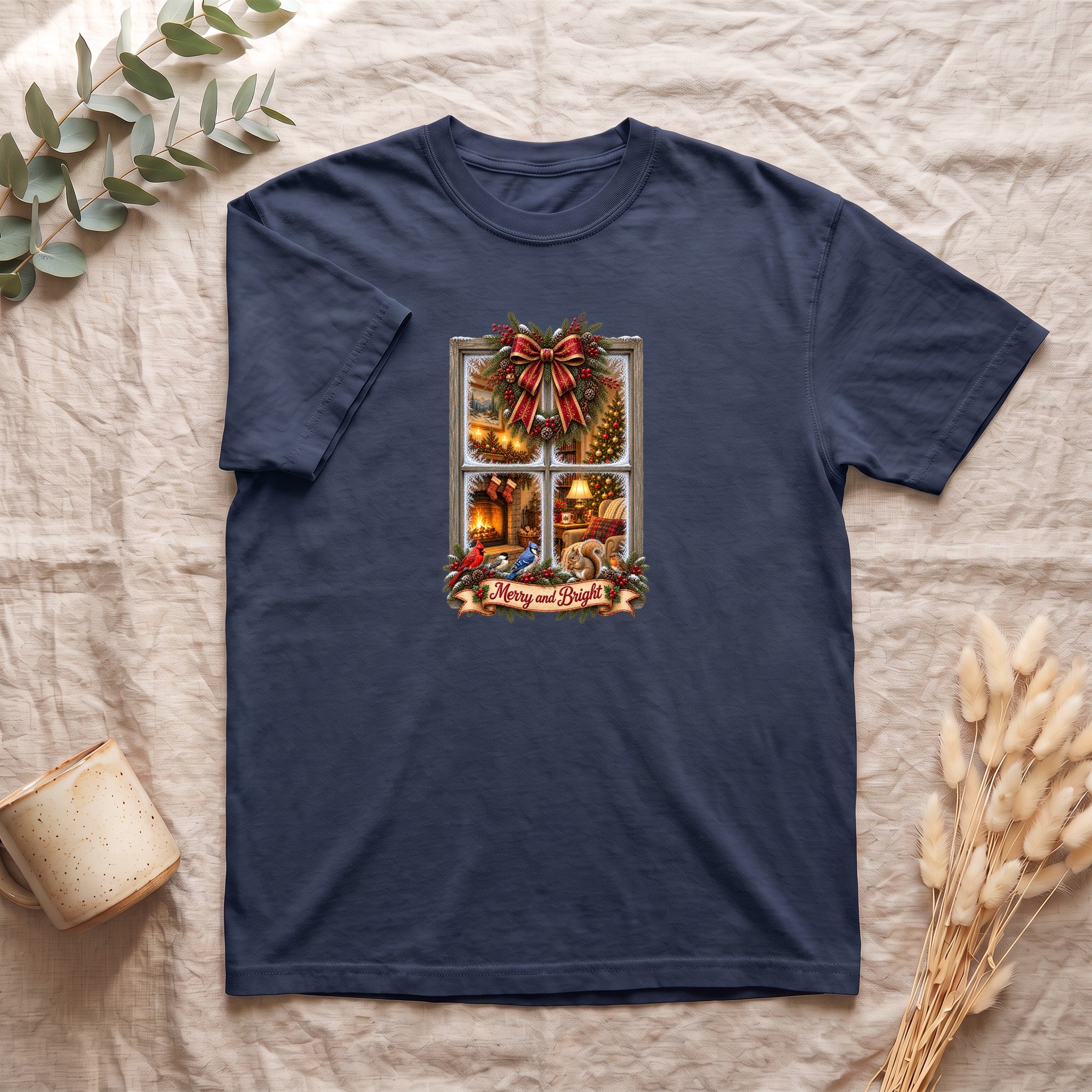 Merry and Bright Window Scene Shirt | Christmas Bow, Wreath, Candlelights