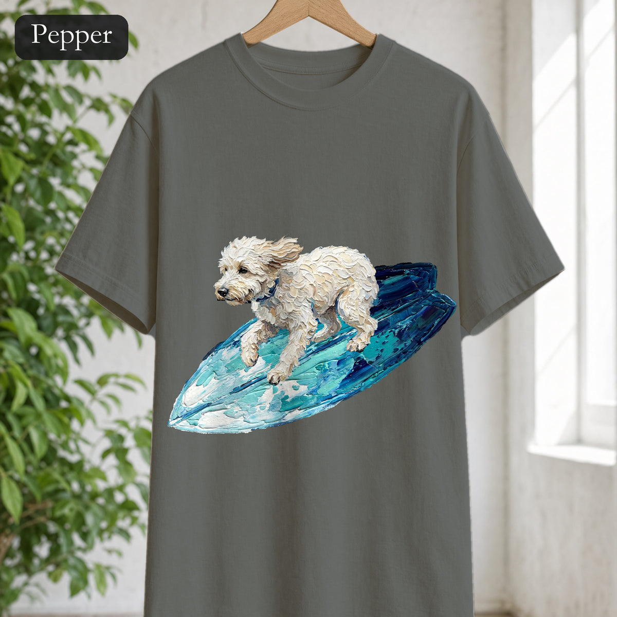 Surfing Dog Shirt, Painterly Surf Dog Tee, Beach Coastal Dog Lover Gift, Summer Ocean Dog Mom Sweatshirt