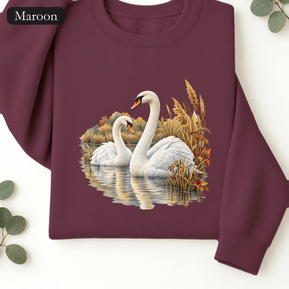 Swan Pair Crewneck Sweatshirt | White Swans Pond Illustration