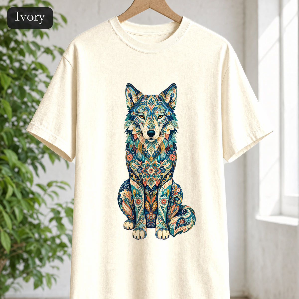 Boho Wolf Shirt, Folk Art Wolf Tee, Japanese Pattern Wolf Lover Gift, Vintage Floral Wolf Sweatshirt