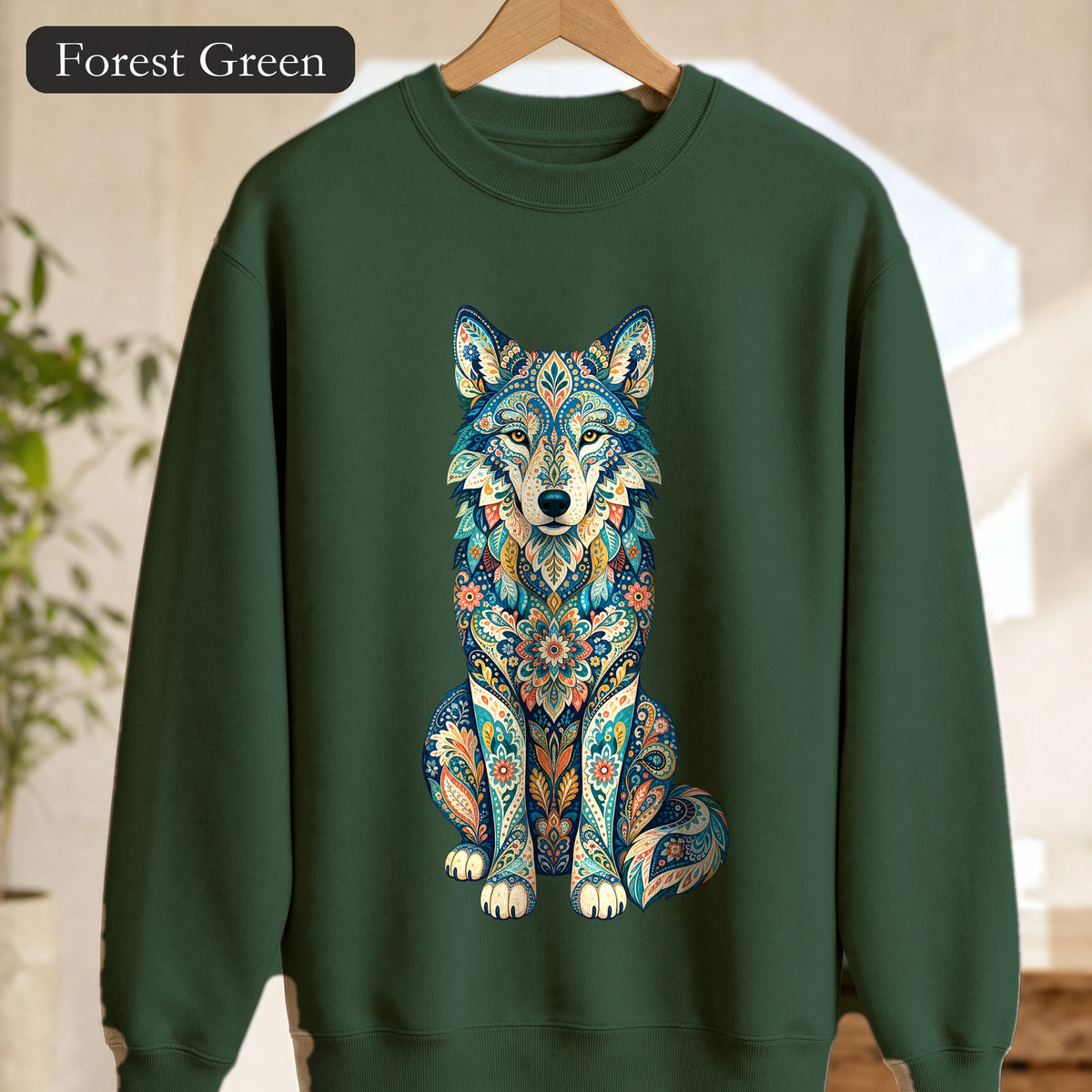 Boho Wolf Shirt, Folk Art Wolf Tee, Japanese Pattern Wolf Lover Gift, Vintage Floral Wolf Sweatshirt