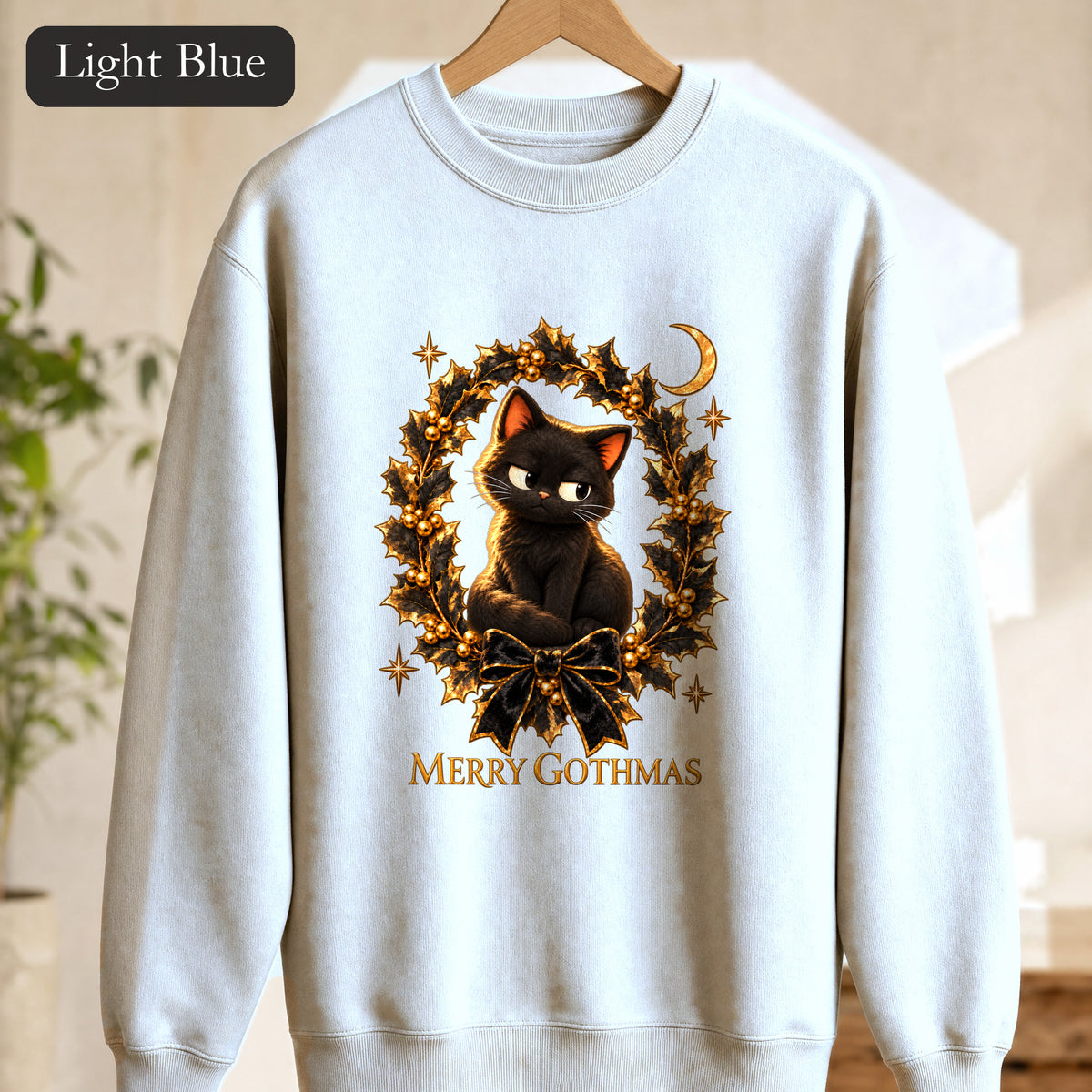 Merry Gothmas Black Cat Sweatshirt | Gothic Christmas Holly Wreath and Crescent Moon, Spooky Cat Lover Holiday Gift