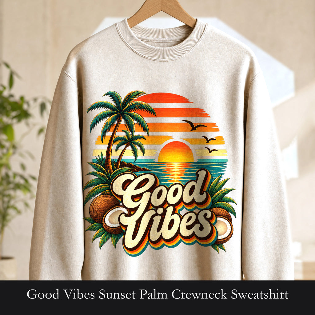 Good Vibes Sunset Palm Crewneck Sweatshirt | Retro Tropical Beach