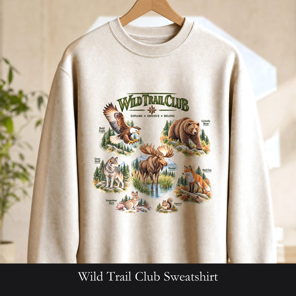 Wild Trail Club Sweatshirt, Woodland Animals Crewneck, Walk Steady Go Far, Hiking Nature Lover Gift