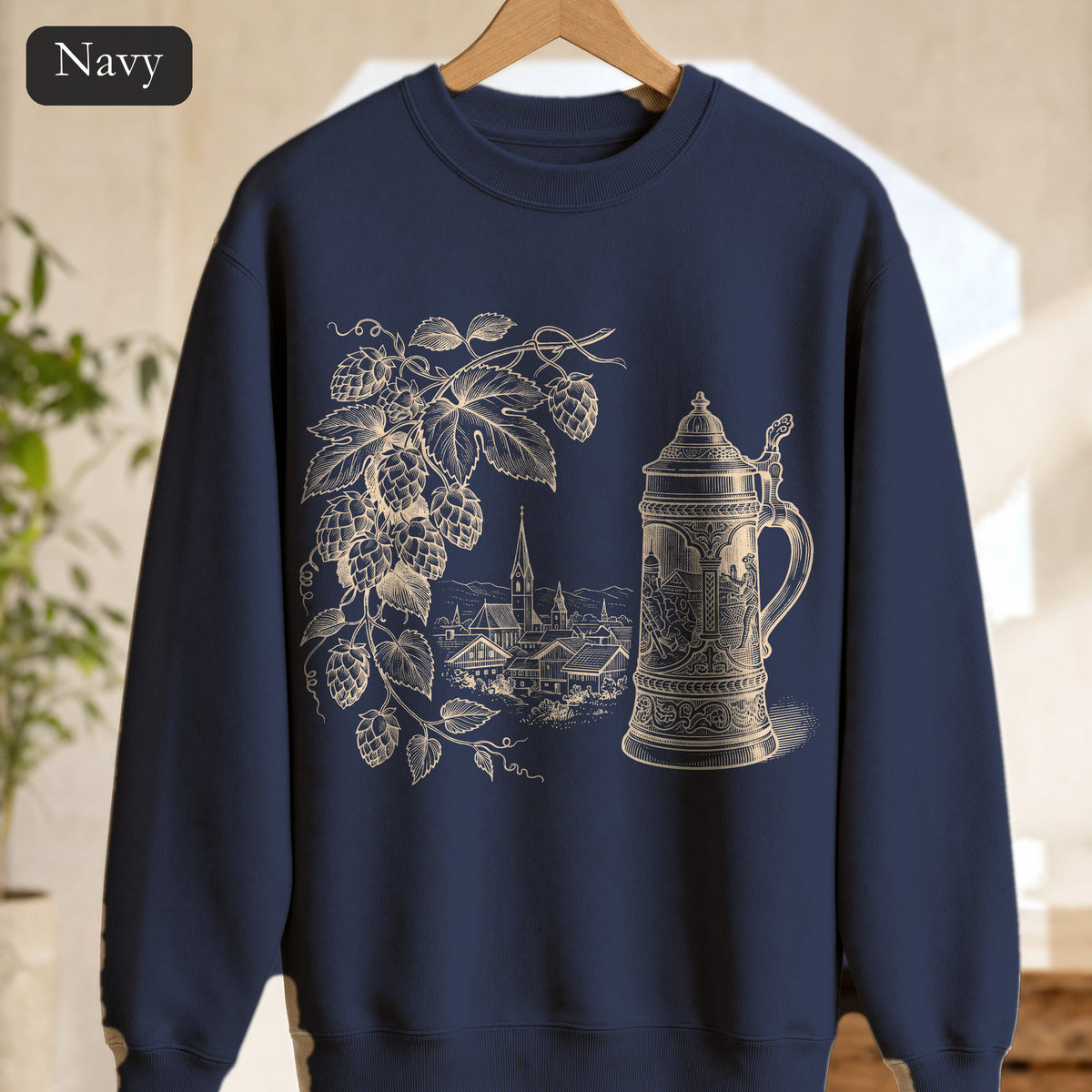 Vintage Beer Stein Illustration Sweatshirt | Hops Vine Scenic Design
