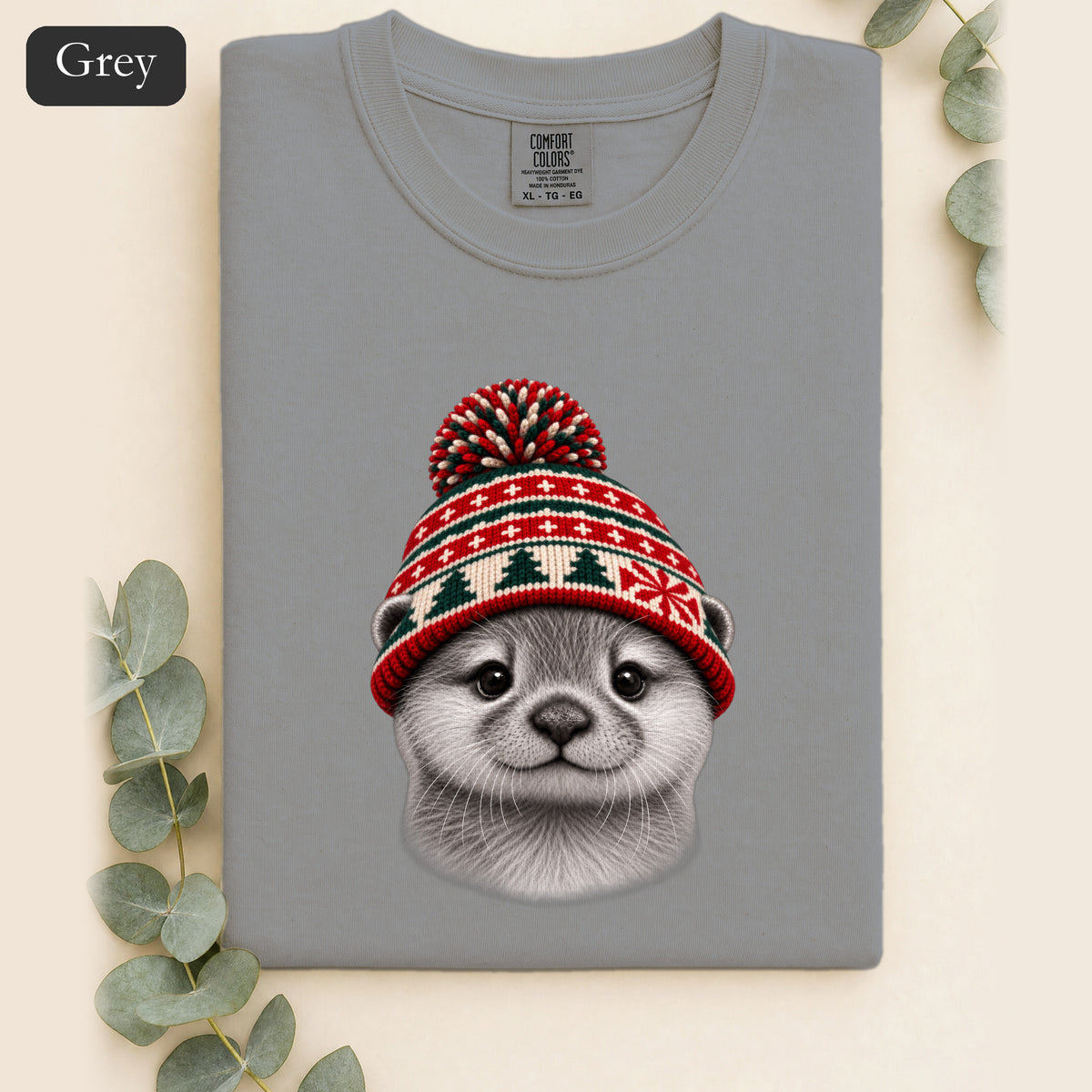 Otter Wearing Knit Christmas Winter Hat Shirt | Cute Holiday Animal Tee
