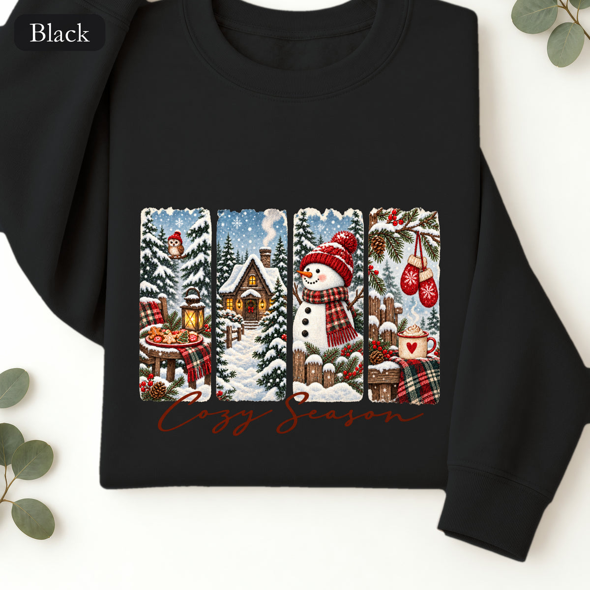 Cozy Winter Scenes Crewneck | Snowman Cabin Holiday Sweatshirt