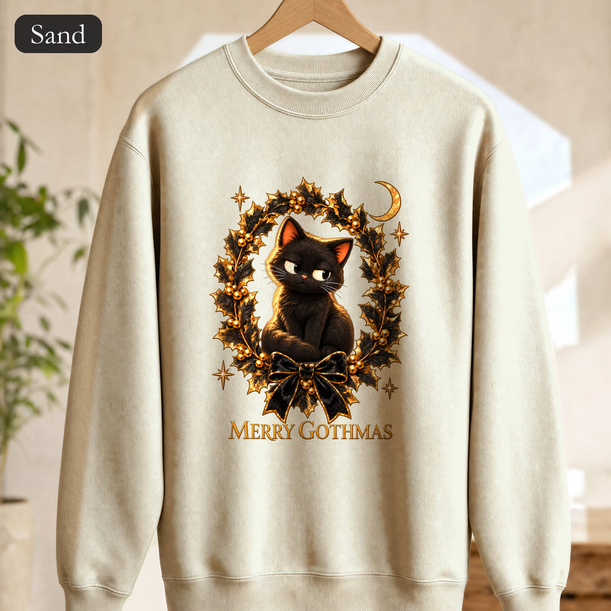Merry Gothmas Black Cat Sweatshirt | Gothic Christmas Holly Wreath and Crescent Moon, Spooky Cat Lover Holiday Gift