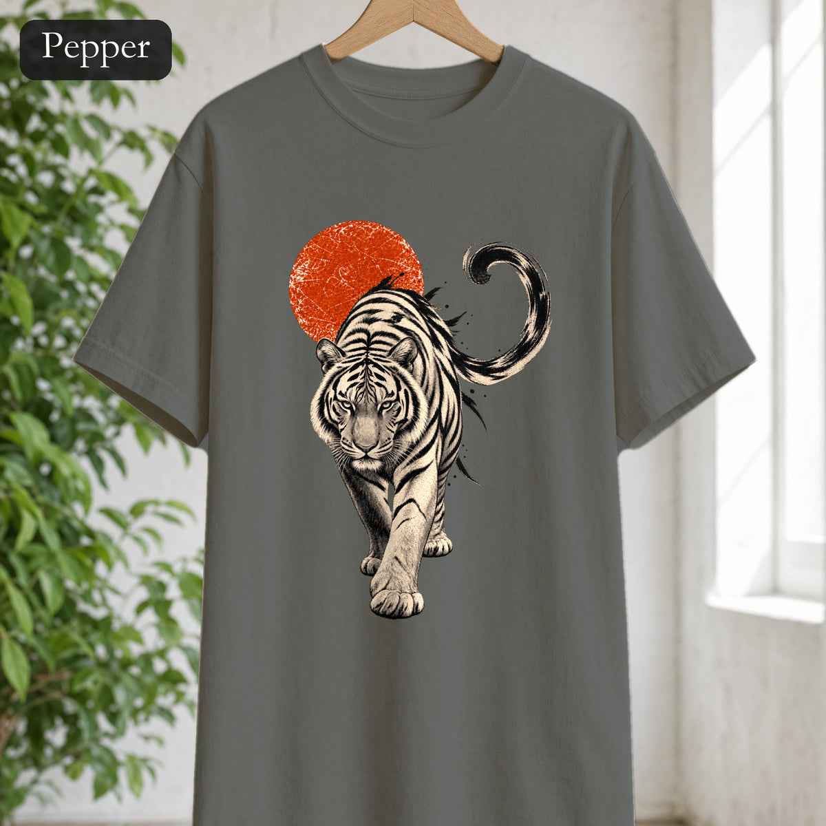White Tiger with Red Sun Shirt, Japanese Woodblock Tiger Tee, Red Sun Graphic Gift, Asian Art T-Shirt
