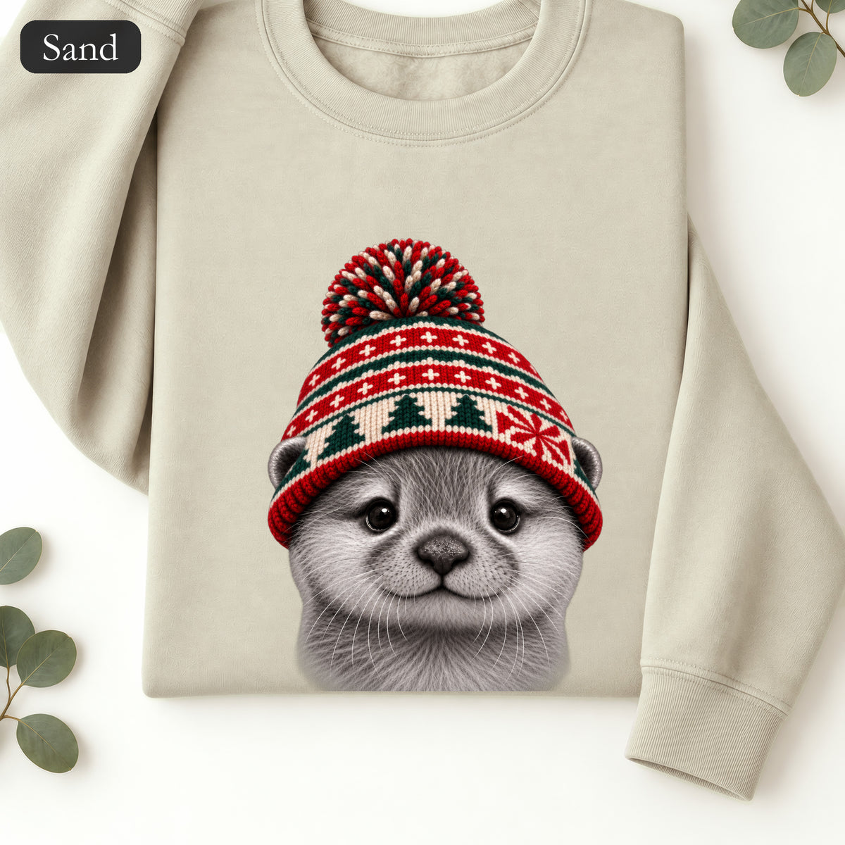 Otter Wearing Knit Christmas Winter Hat Sweatshirt | Cute Holiday Animal Crewneck