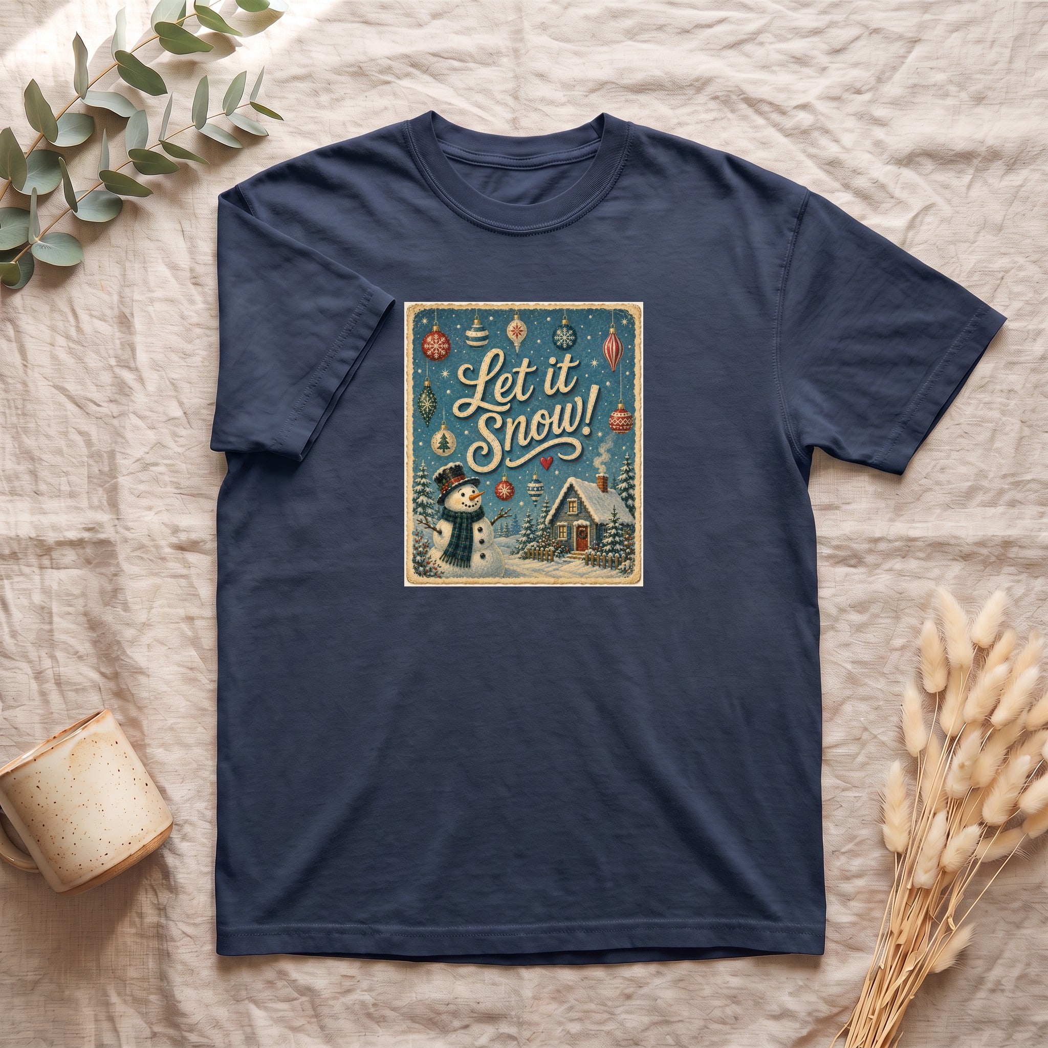 Let It Snow snowman cabin scene Shirt | vintage holiday winter design