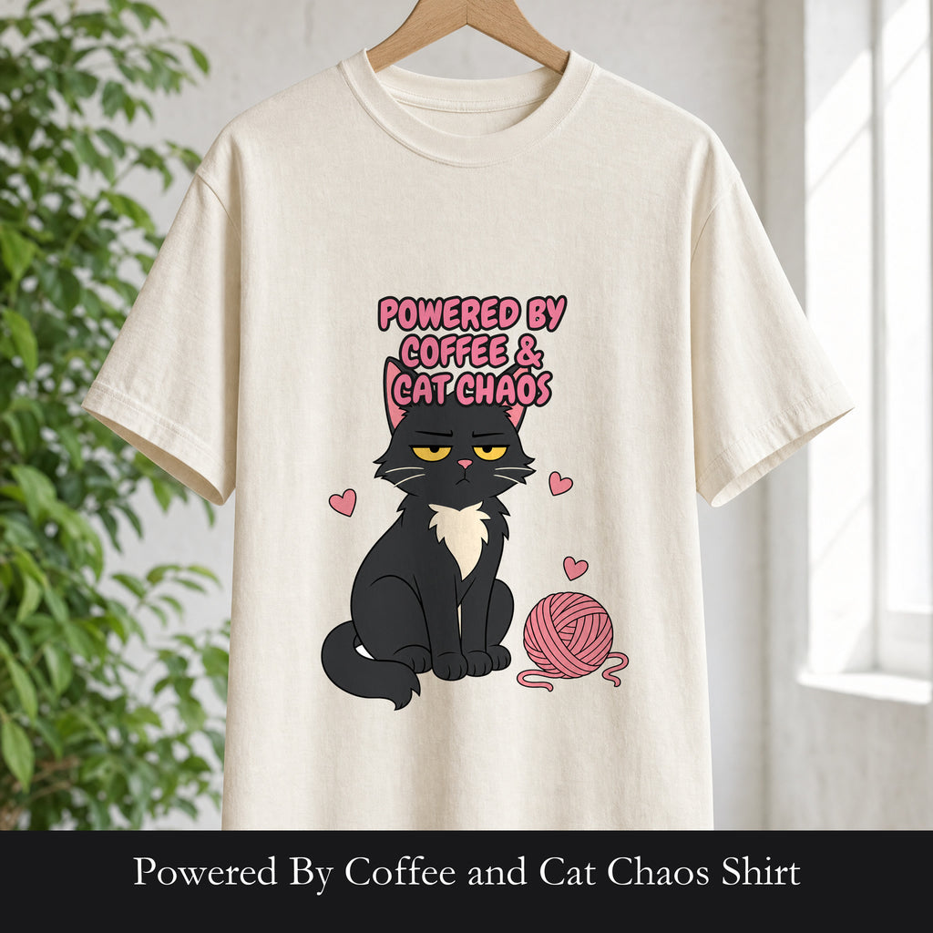 Powered By Coffee and Cat Chaos Shirt, Funny Cat Mom Coffee Tee, Cat Lover Gift, Cat Owner Sweatshirt