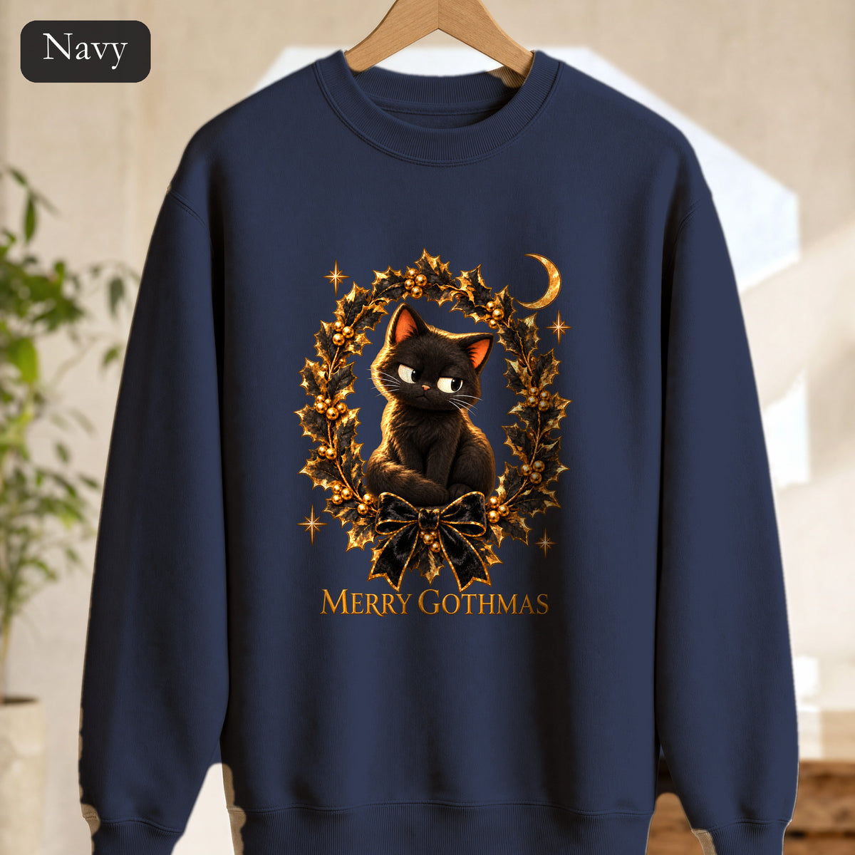 Merry Gothmas Black Cat Sweatshirt | Gothic Christmas Holly Wreath and Crescent Moon, Spooky Cat Lover Holiday Gift