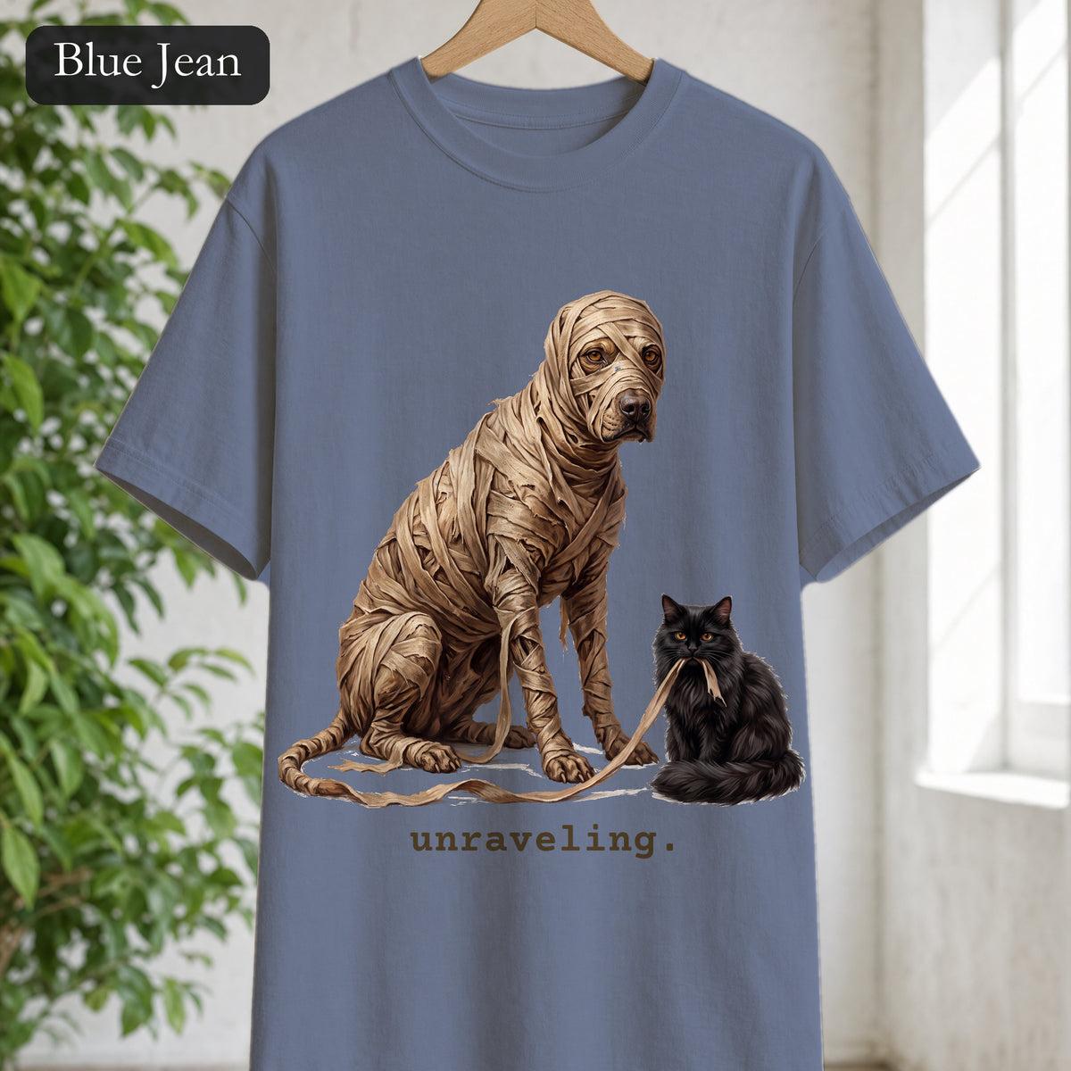 Unraveling Mummy & Cat Shirt, Funny Halloween Mummy Tee, Cozy Deadpan Spooky Tee, Black Cat Lover Gift