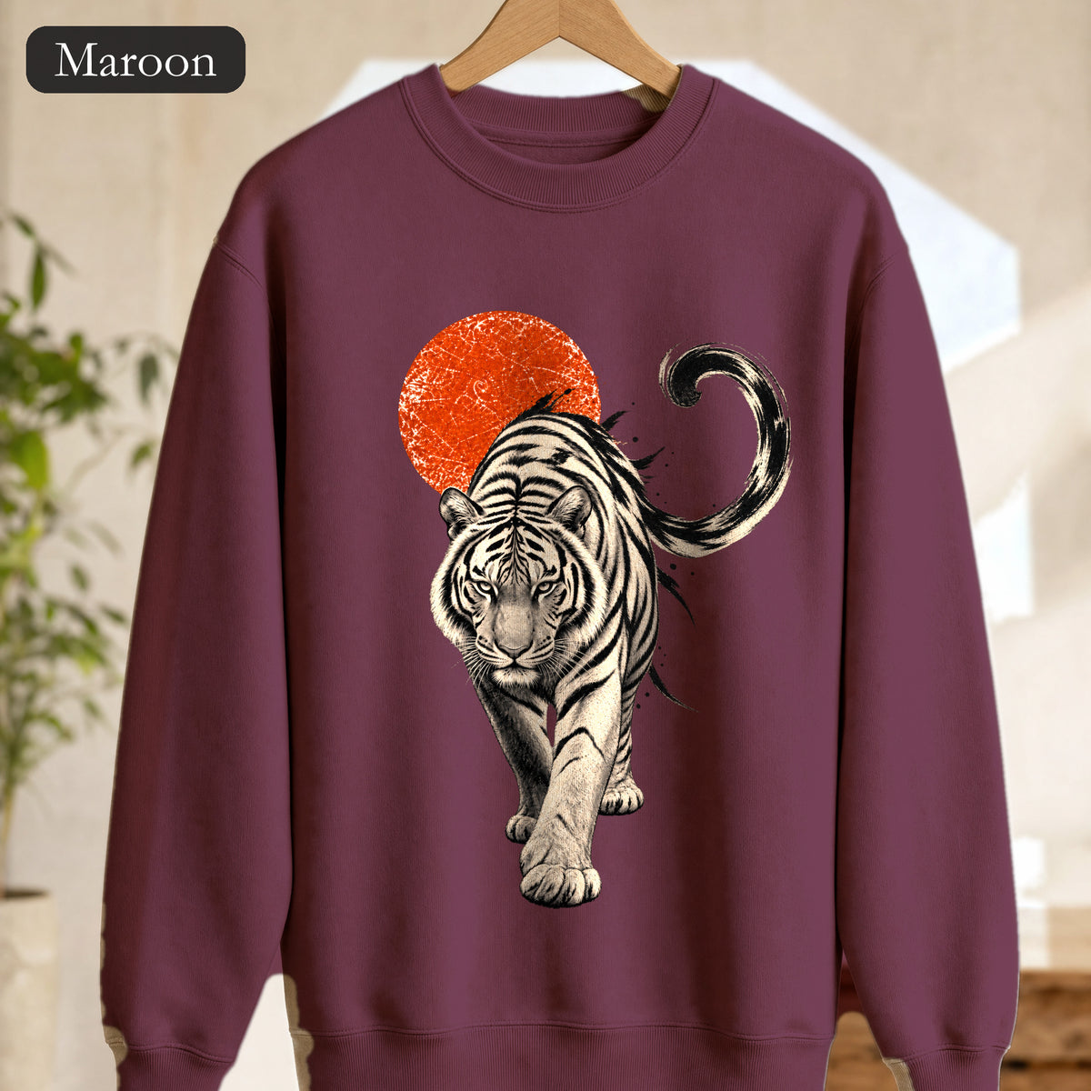White Tiger with Red Sun Sweatshirt, Japanese Woodblock Tiger Crewneck, Red Sun Graphic Gift, Asian Art Sweatshirt