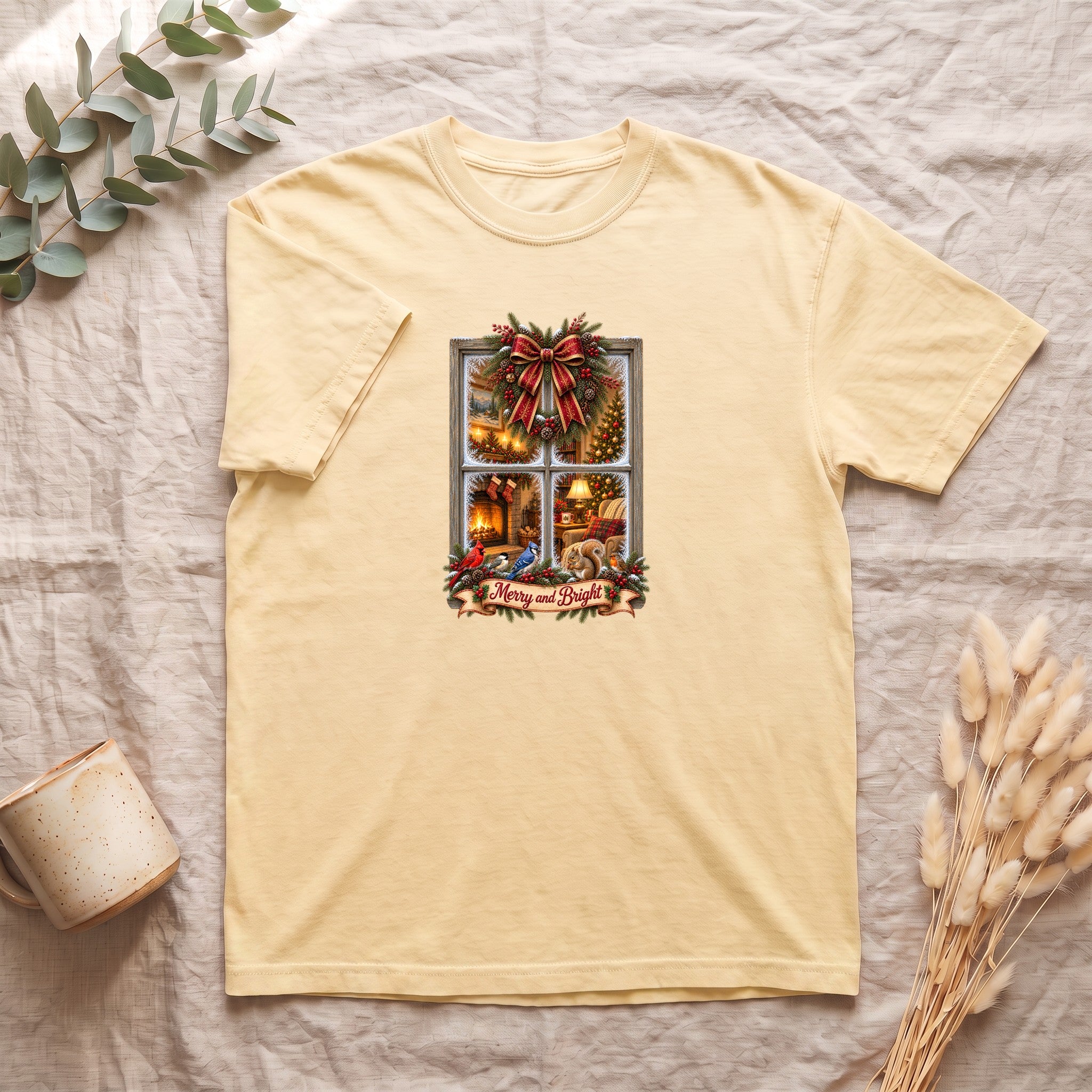 Merry and Bright Window Scene Shirt | Christmas Bow, Wreath, Candlelights