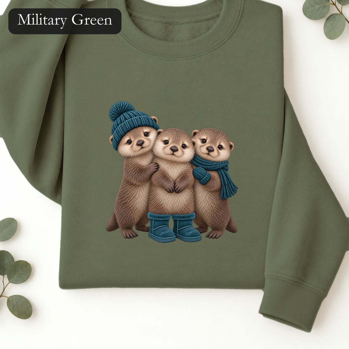 Three Otters Wearing Winter Hats Boots sweatshirt | Cute Otter Trio Design