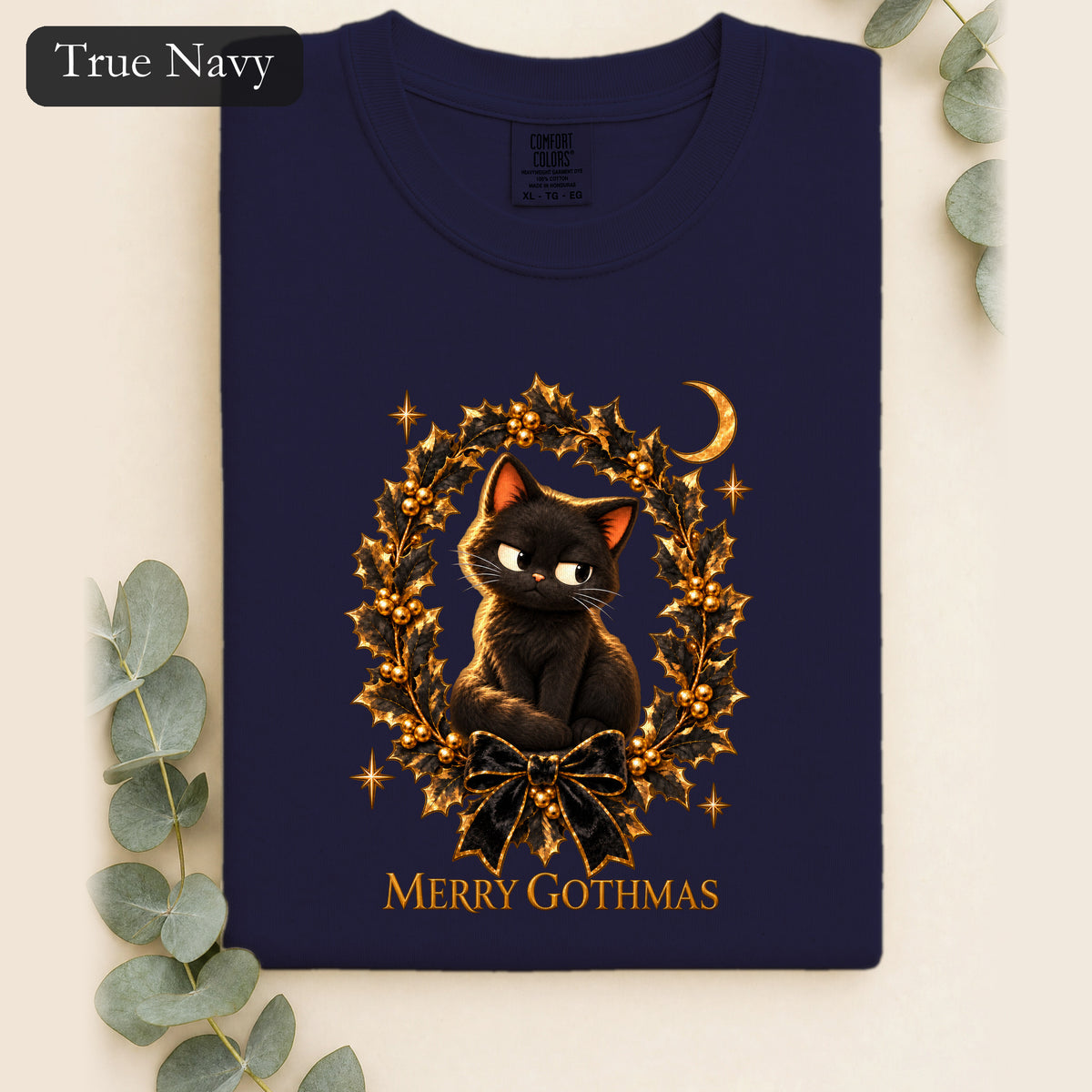 Merry Gothmas Black Cat Shirt | Gothic Christmas Holly Wreath and Crescent Moon Tee, Spooky Cat Lover Holiday Gift