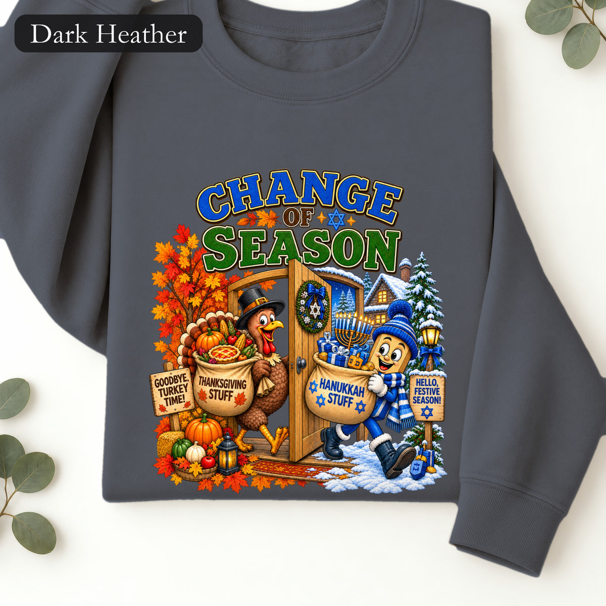 Change of Season Sweatshirt | Fall to Winter Leaves, Snow &Hanukkah Illustration