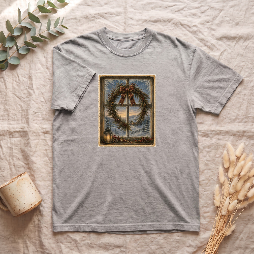 Winter Wreath Window Scene Shirt | Vintage Holiday Postcard