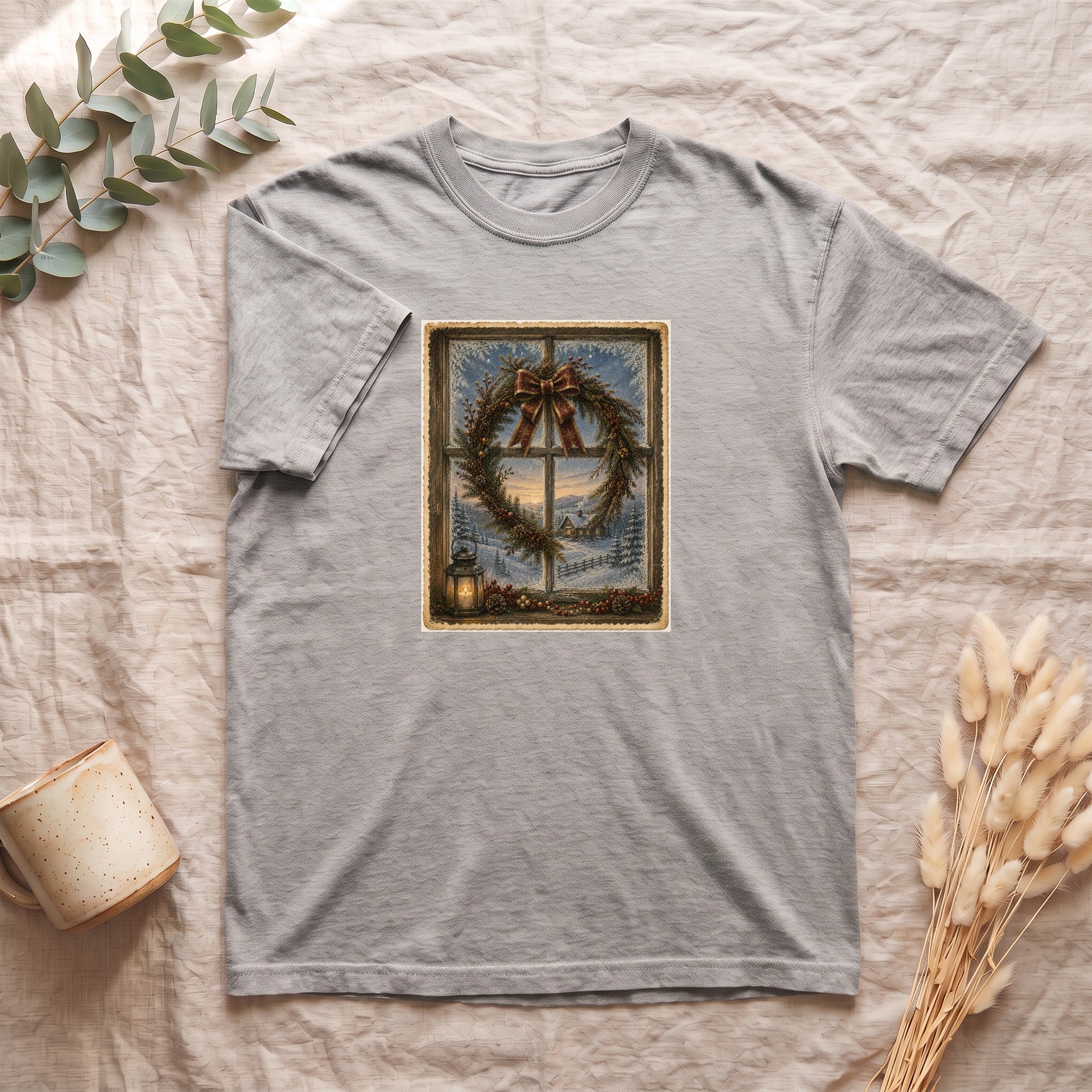Winter Wreath Window Scene Shirt | Vintage Holiday Postcard